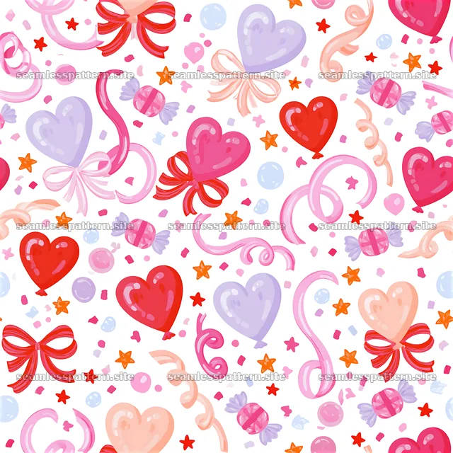 Valentine scrapbook repeat pattern with hearts, ribbons, and candies