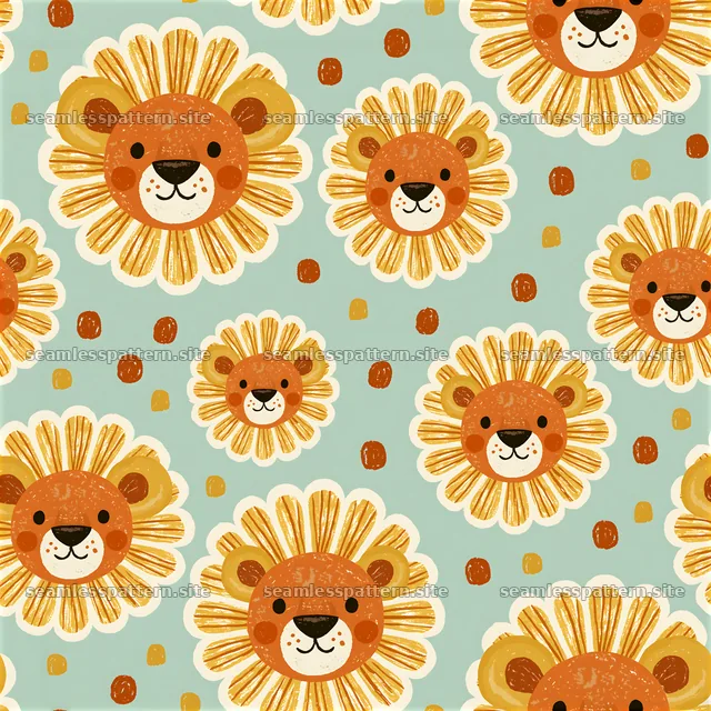Safari nursery lion face repeat pattern of playful lion faces