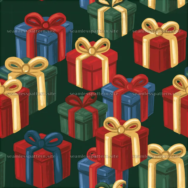 Seamless pattern of red and green present boxes on a dark background