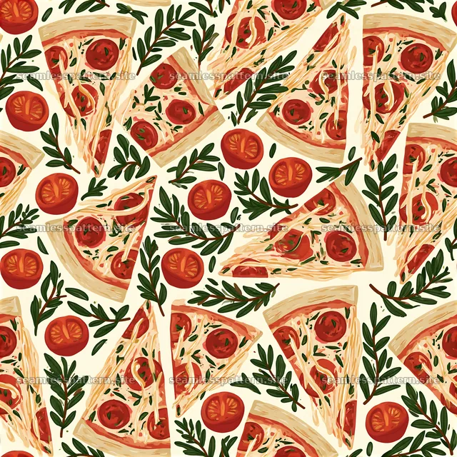 Seamless pizza night pattern with pizza slices and tomatoes