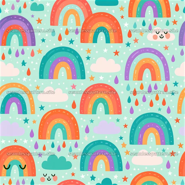Colorful rainbow seamless pattern for kids with happy clouds and stars