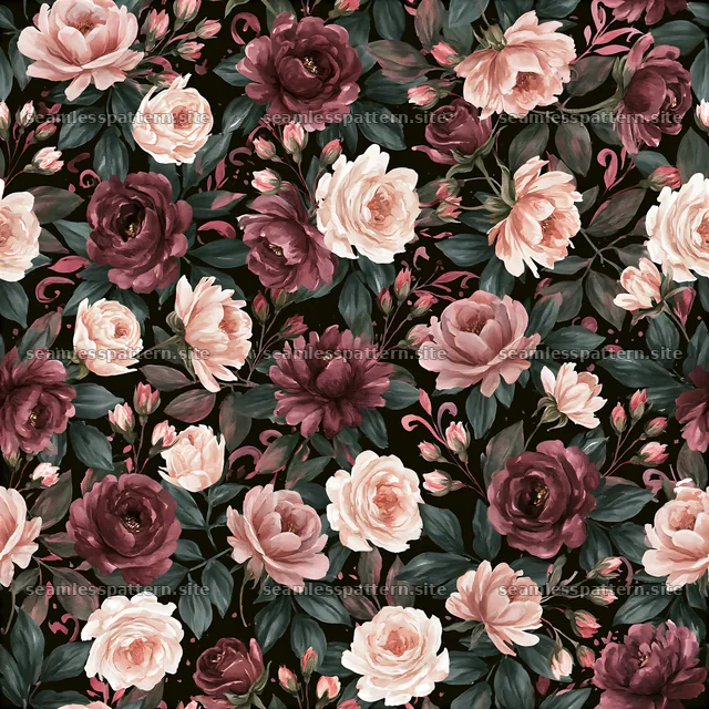 Watercolor floral repeat pattern with dark background and roses