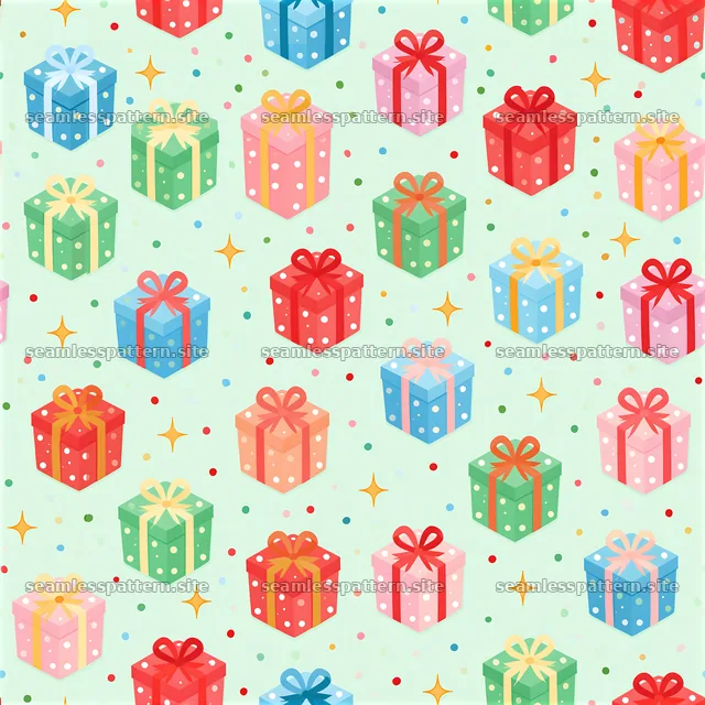 Repeating pattern with cheerful gift boxes on a light green background