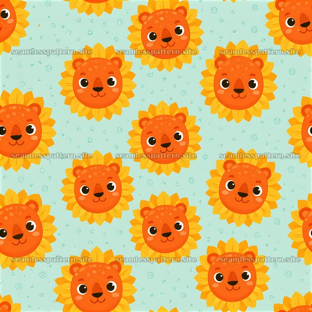 Cute cartoon lion face tileable pattern with flowers and colors