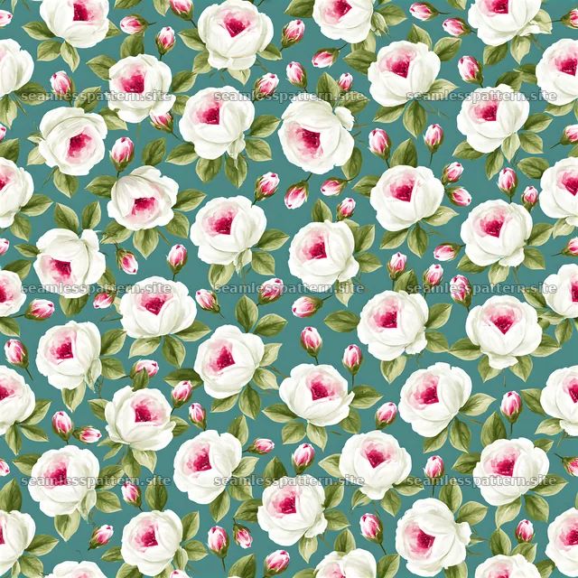 Seamless watercolor rose pattern with pink buds and green leaves