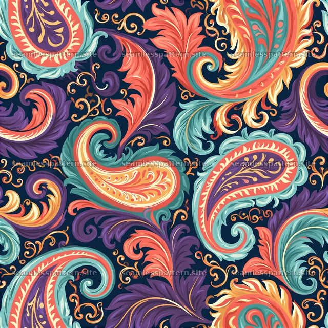 Colorful paisley seamless pattern with vibrant swirling shapes