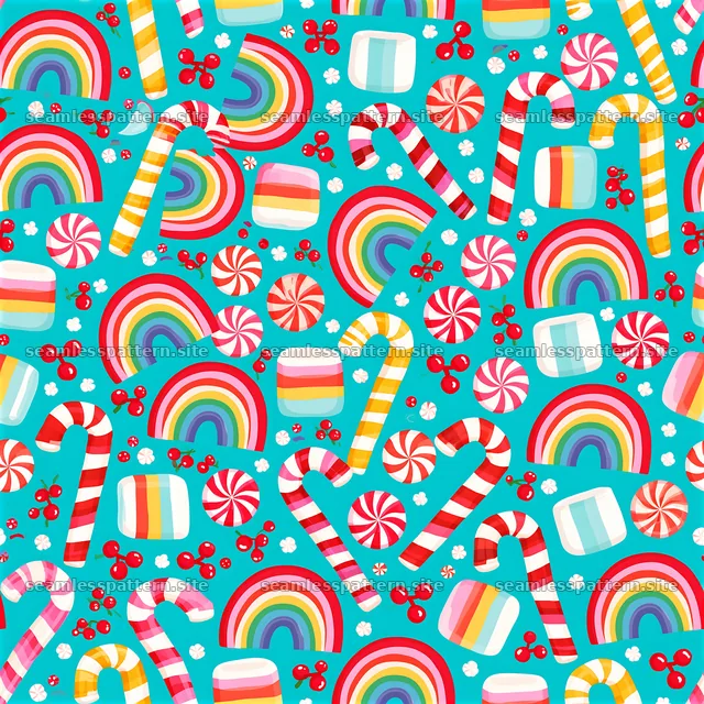 Colorful Christmas seamless pattern with rainbow candy features bright motifs