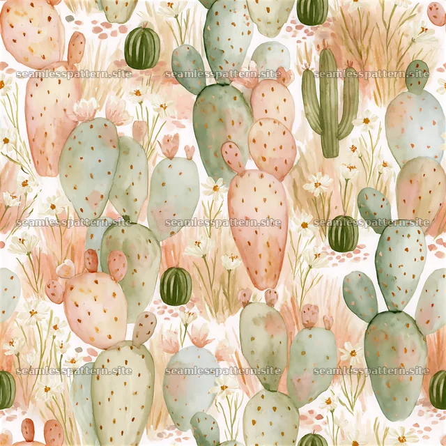Seamless watercolor desert pattern with cacti and desert flora