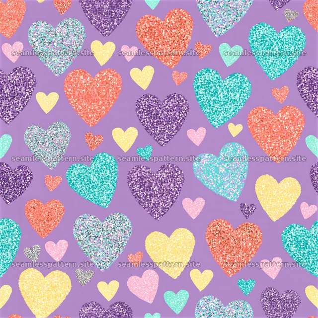 Glitter hearts seamless pattern on a colorful background