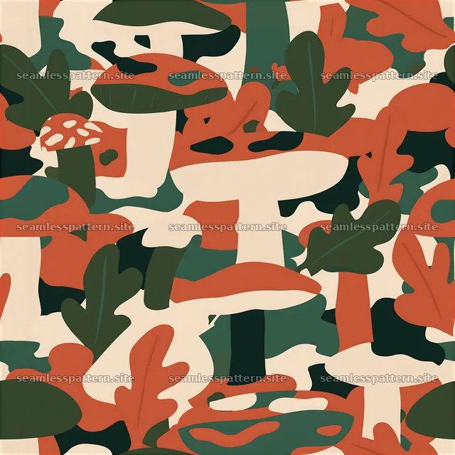 Seamless camouflage pattern for curtains and decorative fabric featuring mushrooms