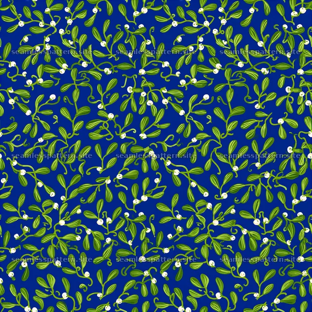 Cheerful mistletoe seamless pattern with green leaves on blue background