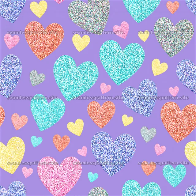 Colorful glitter hearts on a purple background pattern