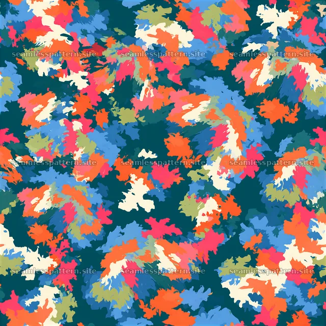 Colorful camouflage fabric repeat pattern features bright color splotches