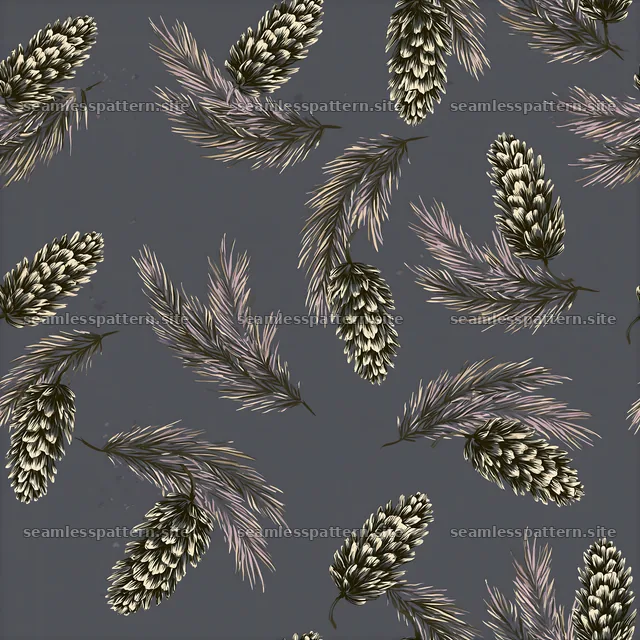 Repeating pinecone pattern with dark background and pine branches