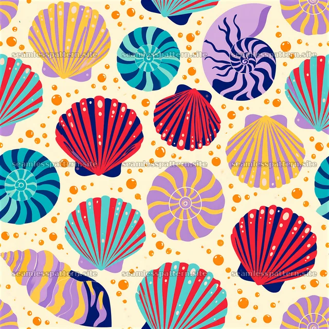 Vibrant seashells pattern with colorful designs in various shapes