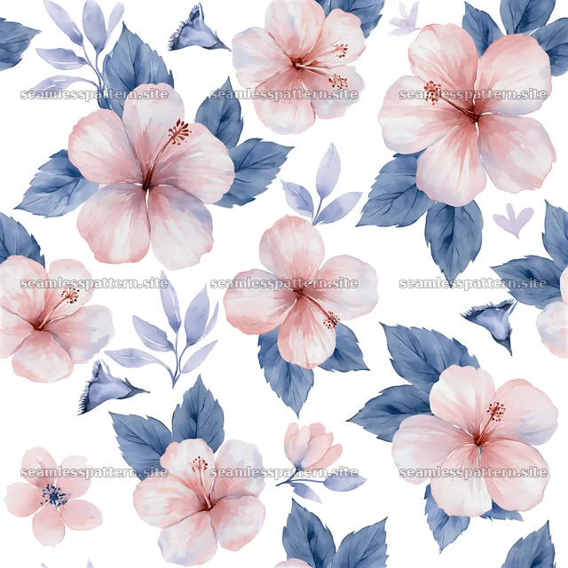 Seamless watercolor hibiscus pattern on a white background