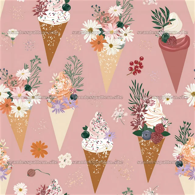 Colorful ice cream seamless pattern with floral elements on pink background