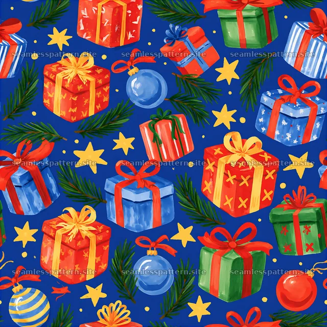 Colorful Christmas seamless pattern with gouache Christmas icons