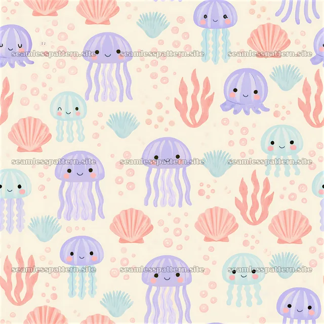 Cute beach motifs seamless pattern featuring jellyfish and shells
