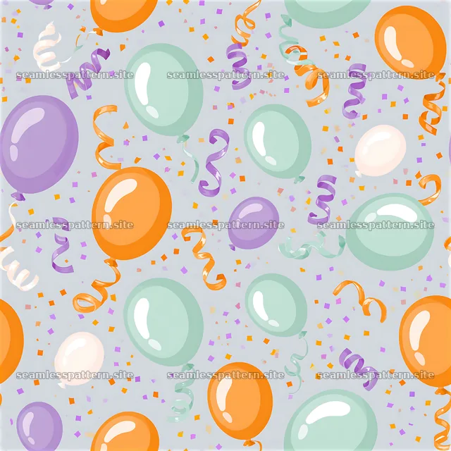 Seamless pattern of balloons with curling ribbons and confetti