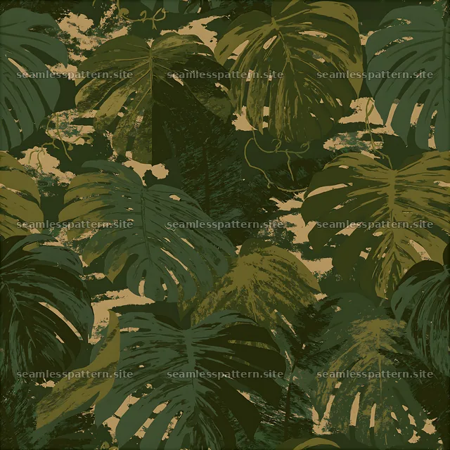 Green jungle camouflage repeating pattern of large green leaves