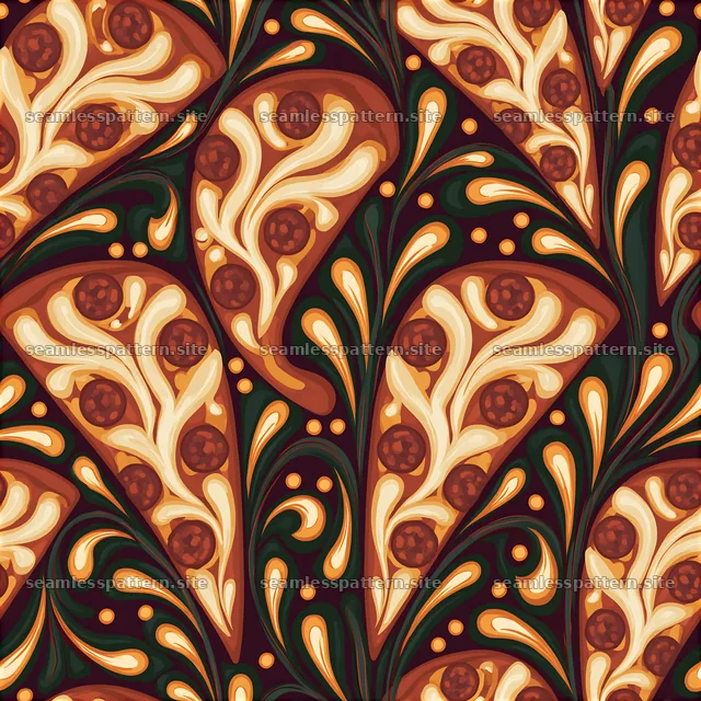 Seamless pepperoni pizza pattern with floral elements and colors