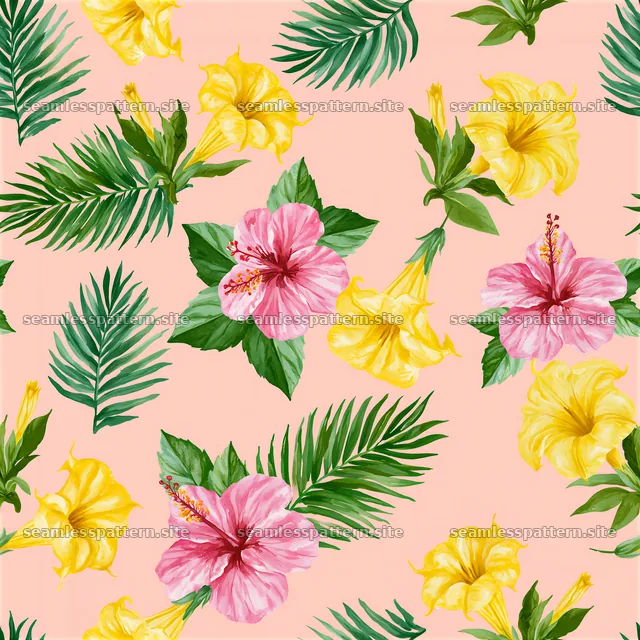 Seamless watercolor exotic flower pattern on pink background