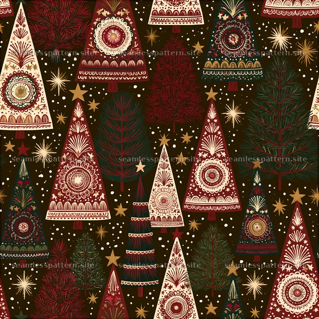 Seamless folk art Christmas tree pattern with festive colors