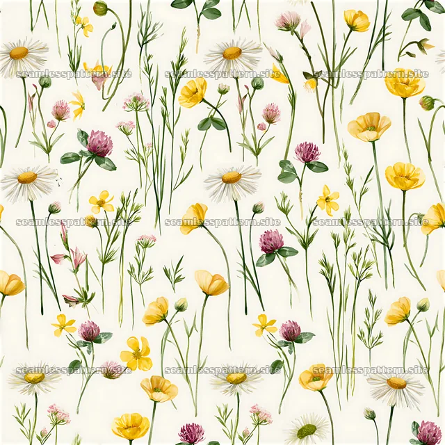 Tileable watercolor meadow flower pattern with various wildflowers