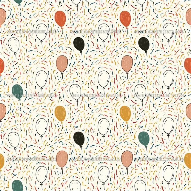 Seamless pattern of balloons and dense confetti with colorful elements