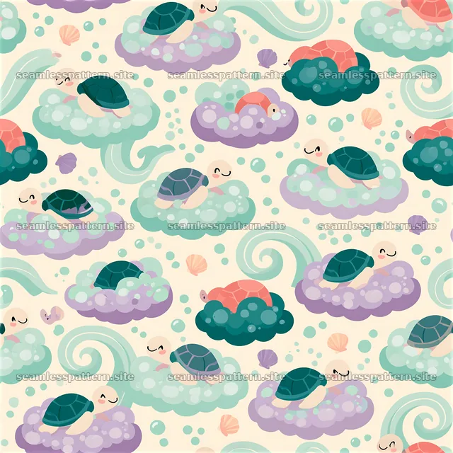 Cute turtle seamless pattern with turtles on clouds and sea elements