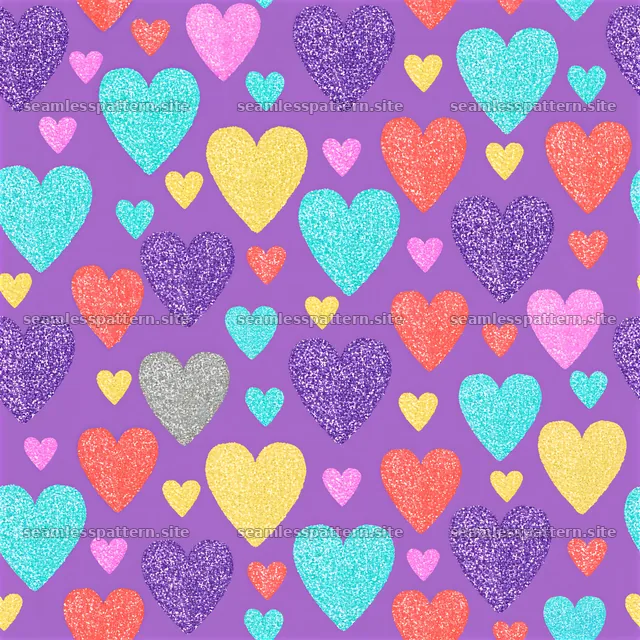 Colorful glitter hearts appear on a purple surface