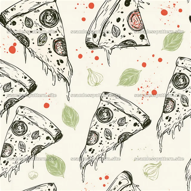 Seamless doodle pizza pattern with slices and toppings in simple style