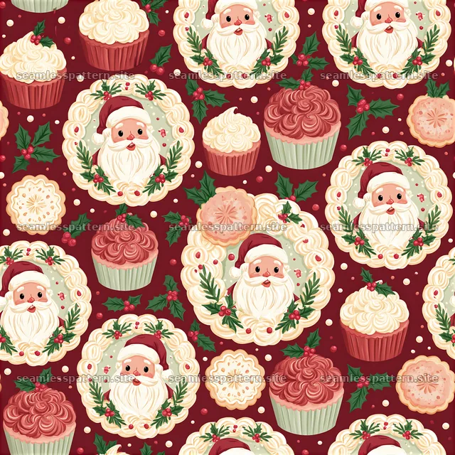 Santa Claus repeat pattern with festive cupcakes and cookies