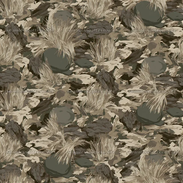 Repeat organic camouflage pattern with rocks and grass