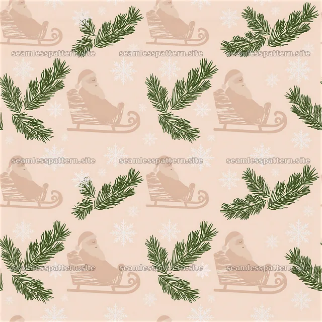 Santa Claus repeating pattern with sleighs and pine branches