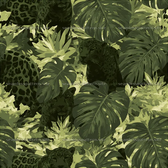 Green camouflage wildlife apparel seamless pattern with jungle elements
