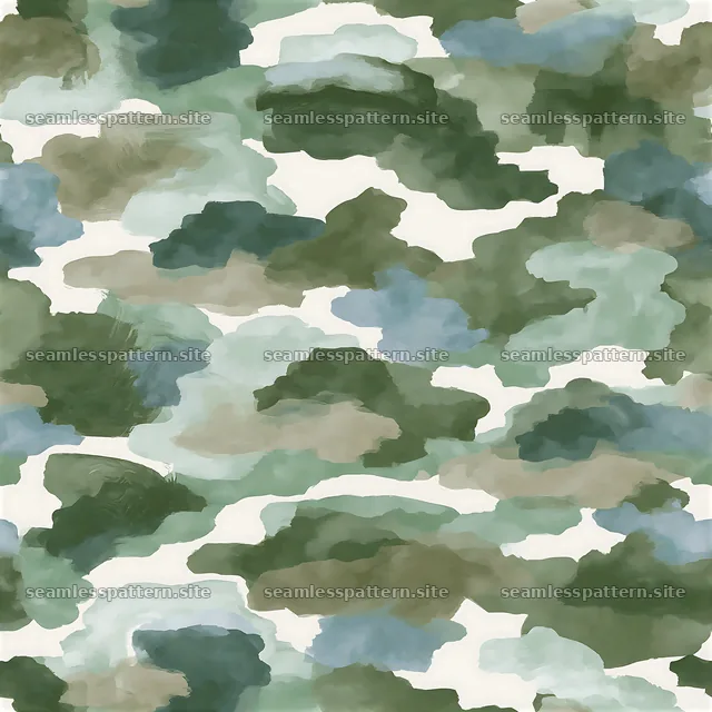 Forest green camouflage repeat pattern with blue and brown accents