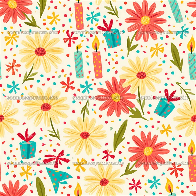 Birthday floral birthday seamless pattern with flowers, gifts, and candles
