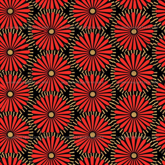 Retro black red gold tileable pattern with floral elements and bold colors