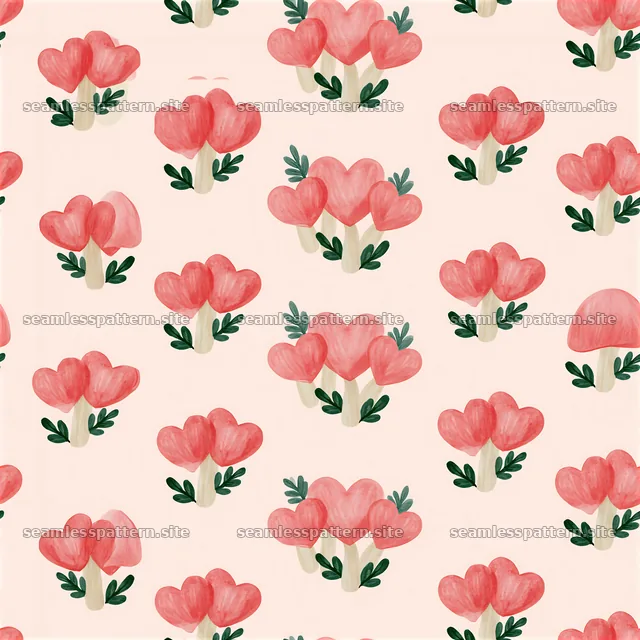 Heart mushrooms repeating pattern with green leaves