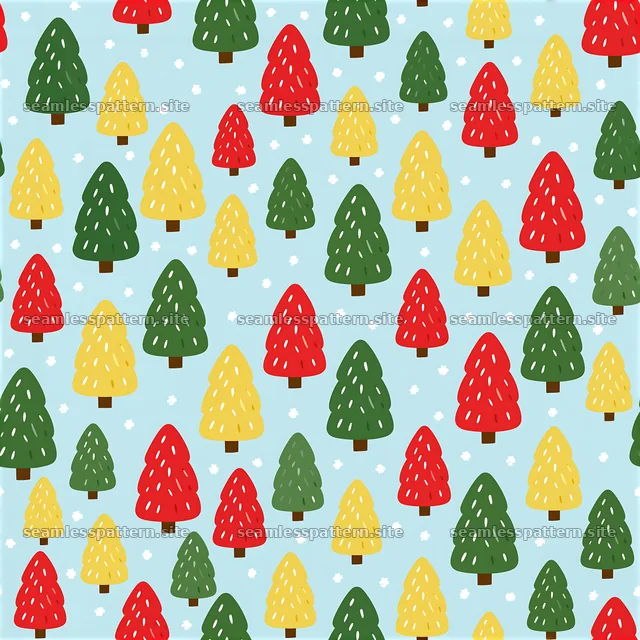 Seamless Christmas tree pattern with colorful trees on light blue background