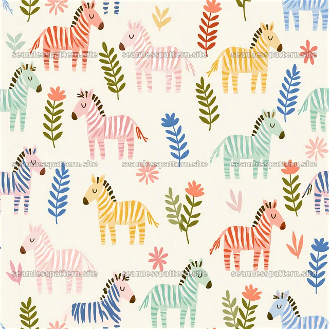 Colorful zebra seamless pattern with plants on a light background