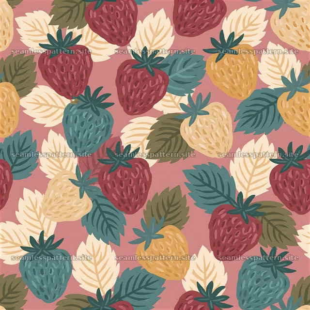 Colorful strawberries seamless pattern with leaves and a pink background