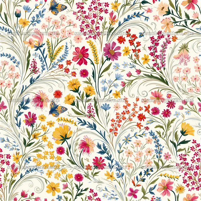 Bright floral details seamless pattern featuring colorful flowers and leaves