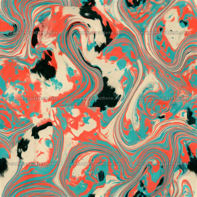 Seamless marbled cowhide pattern in vibrant orange and teal