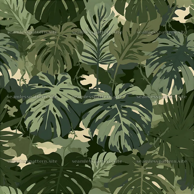 Green jungle camouflage repeating pattern with large leaves