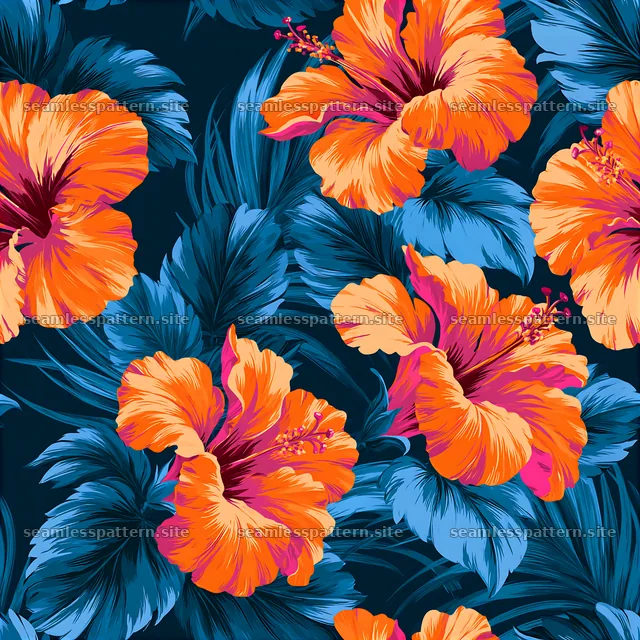 Vibrant hibiscus seamless pattern with blue leaves and bright flowers